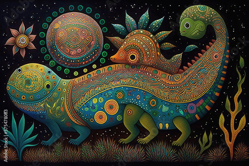 Bright illustration of mexican alebrijes imaginary creatures in colorful style