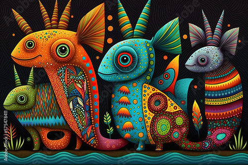 Bright illustration of mexican  imaginary creatures in colorful style © NAITZTOYA