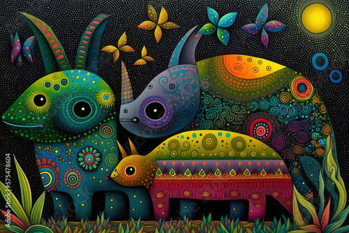 Bright illustration of mexican imaginary creatures in colorful style