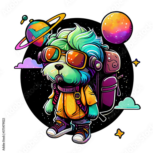 illustration of a dog in the space, cartoon, galaxy, cute cartoon dog, colorful, transparent background. Generative AI