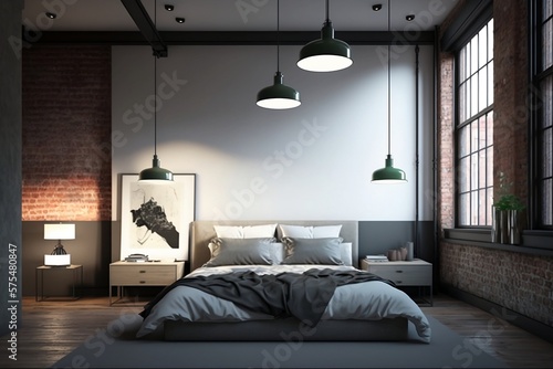 A Minimalistic Bedroom with an Industrial Edge. Generative AI