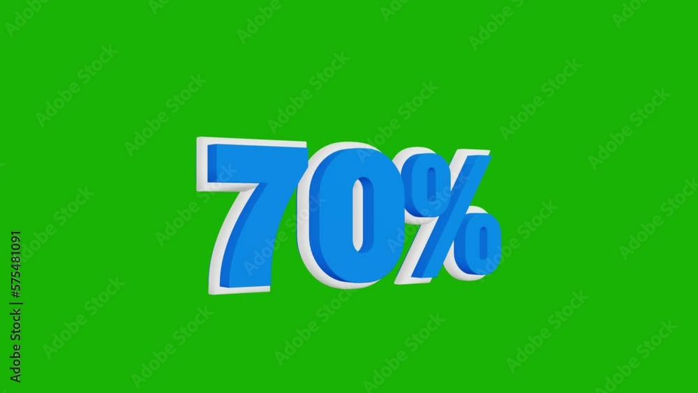 Price 70%. Number seventy percent shape 3d animation in white and blue colors on a green background Price 70%. Number seventy percent shape 3d animation in white and blue colors on a green background