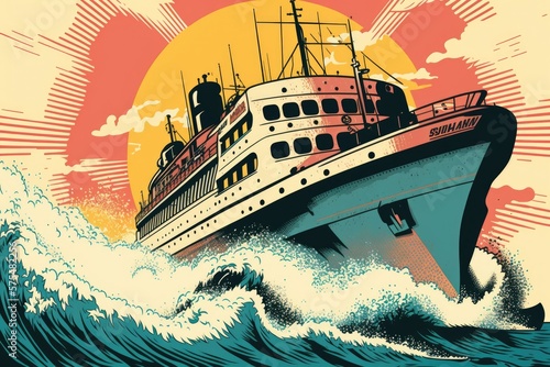 Holiday on a ship Transportation by sea. Moving cargo and passengers by means of water. a retro pop art illustration. Generative AI
