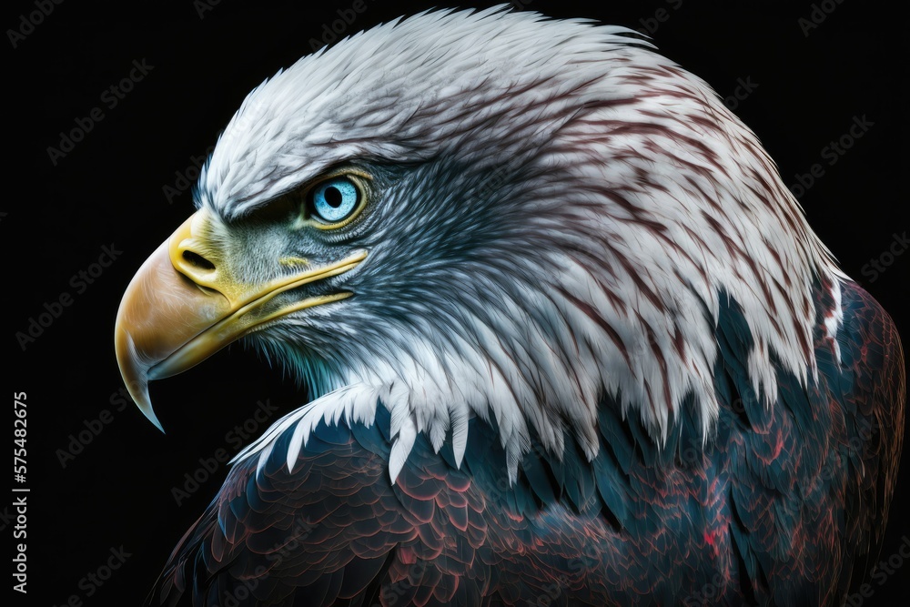 Fototapeta premium A dark, close up, and isolated photograph of a bald eagle. Generative AI