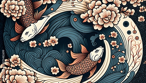 Beautiful tradicional japanese pattern with fishes and cherry blossoms. Amazing wallpaper  great design. Perfect background for several uses.  