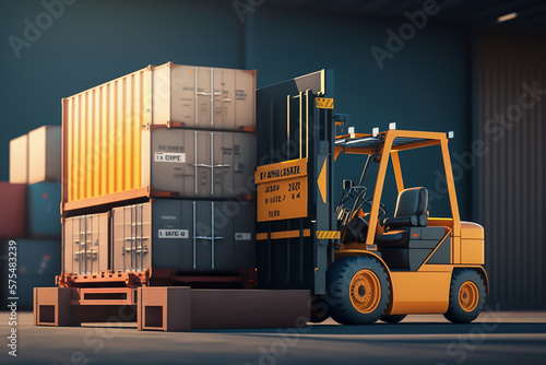 Forklift tractor loading packaging boxes into cargo, equipment in a warehouse, generative ai