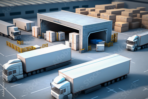 logistic organization on a warehouse, trucks, pallets, generative ai