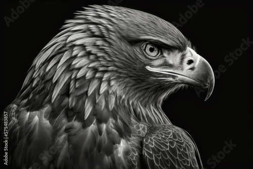 A single Aquila chrysaetos, or golden eagle, on a dark backdrop. Black and white closeup of the mighty head of a bird of prey. Generative AI