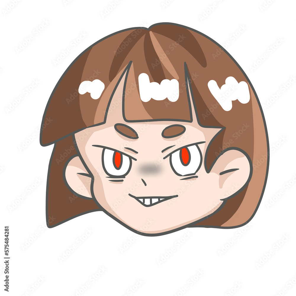 Girl with brown hair , making a wicked smile. Woman Evil Face Cartoon character.  hand drawing concept.