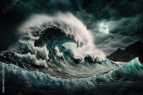 Dramatic end of the world setting complete with a raging storm and a Tornado. The waves were enormous. Tsunami Extremely large waves. Generative AI