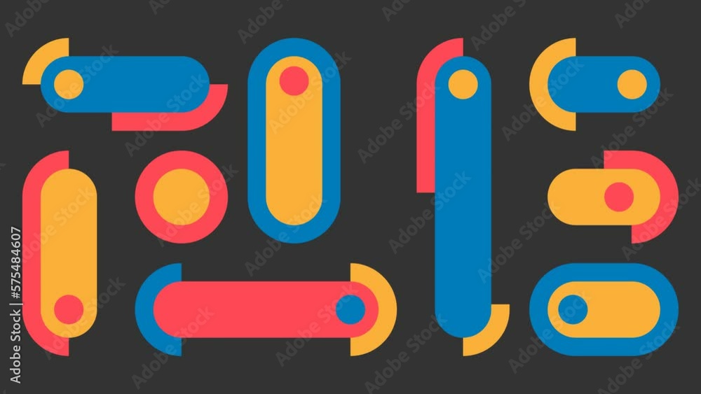 4K looped animation video in flat style. Colorful circle move in rounded shape. Modern Motion On Off Ball slider button on dark gray background with red, blue, yellow semicircular inserts. Loop. App