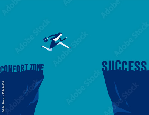 Businesswoman jumping over cliff in the concept. Business vector illustrationn photo