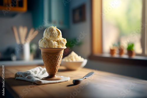 Gourmet vanilla ice cream in glass bowl on ice cream parlor table. AI generated. frozen dessert