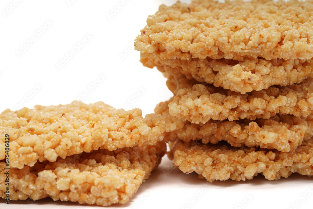 Close-up crispy rice on white background Close-up crispy rice on white background