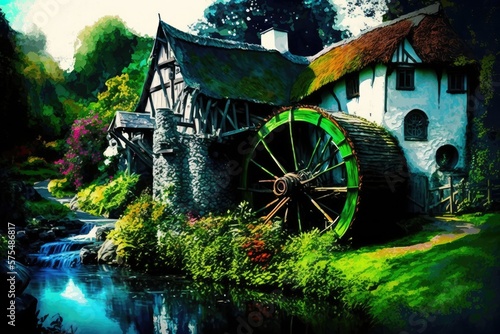 This New Zealand water mill is located in the town of Hobbiton. Generative AI photo