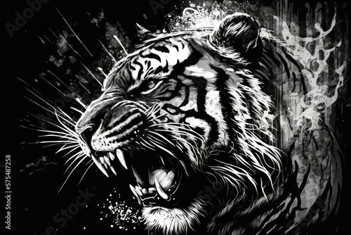 A sketch of a roaring tiger s face in black and white. Generative AI