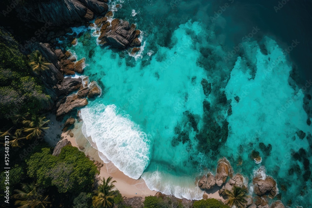 a surge of turquoise water crashing onto the coast, seen from above. Aerial view of a stunning tropical beach. Thailand's southernmost point, in the Andaman Sea. Inspiration for a Summer Getaway