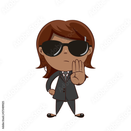 Bodyguard, girl making hand stop sign