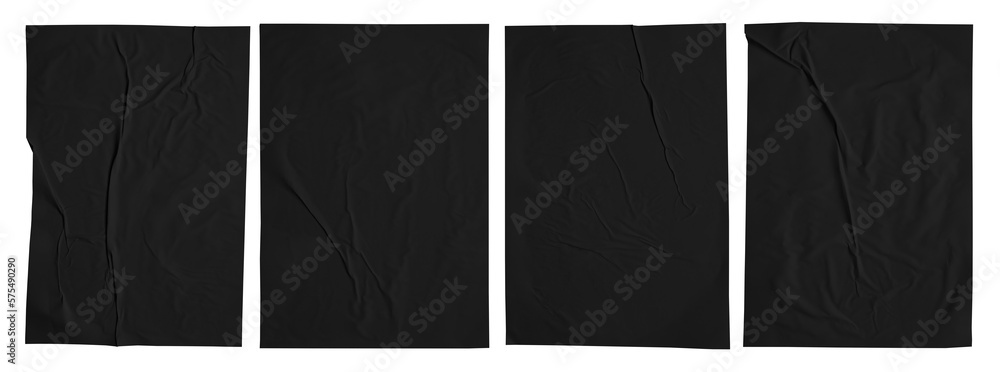 blank black crumpled , creased paper poster texture isolated on white background with clipping path.