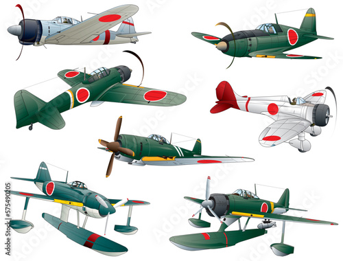5 Japanese imperial navy propeller fighters, and 2 reconnaissance seaplane of ww2. (vector. eps. png. jpeg)	