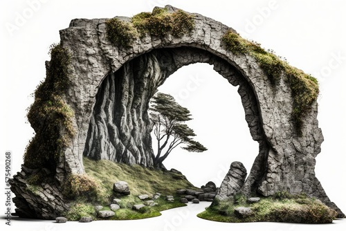 Archway formed from the forest's natural rock formation. This stone arch is presented alone, against a white background. The mossy, boulder made entrance to the cave. Generative AI