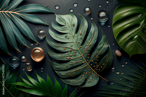 Flat lay tranquil wellness image featuring palm leaves and smooth stones photo