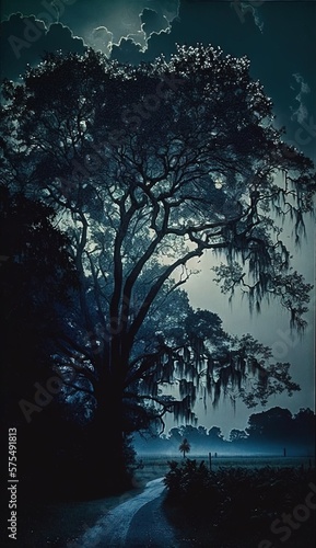 the most beautiful tree in night sky with misty crepuscular light low angle shot cyanotype mist Generative AI