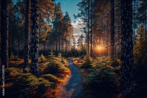 A trail that winds its way through a majestic evergreen forest. Massive spruce and pine trees, along with moss and other vegetation. Finland. Gentle golden light at sunset. Lovely autumnal vista. Seas
