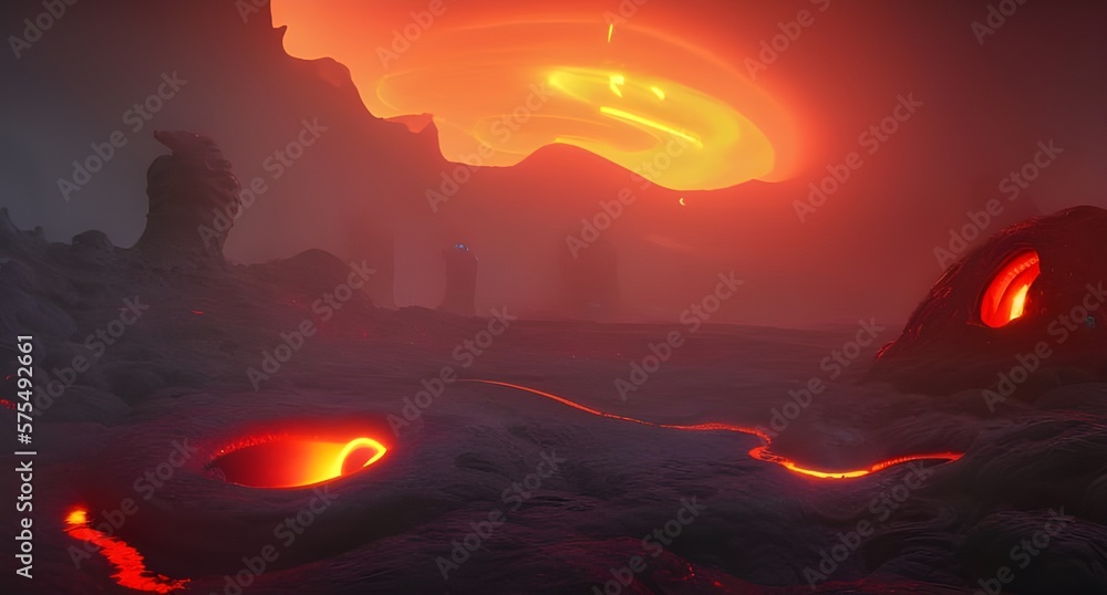 illustration of alien environment with lava pools. Digital fantasy landscape concept art