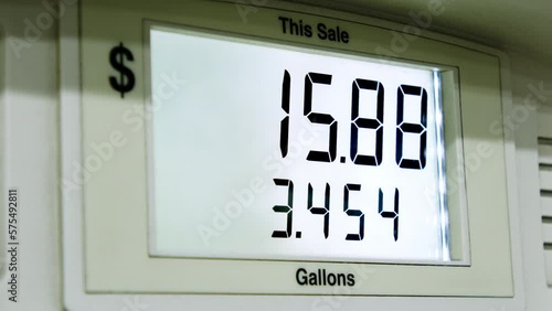 4k footage corner frame the increase in the price per gallon on the screen as fuel enters the car's tank. Gasoline pump meter at a gas station. display with gas price counter in US dollars. 