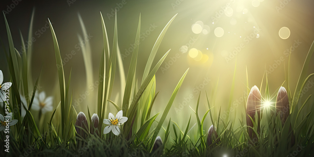 Nature green tree fresh leaf and flowers on beautiful blurred soft bokeh sunlight background with free copy space, spring summer or environment cover page, template, and header. Generative  Ai