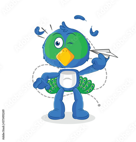 peacock with paper plane character. cartoon mascot vector