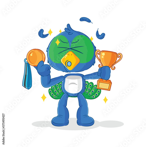 peacock winner with trophie. cartoon character