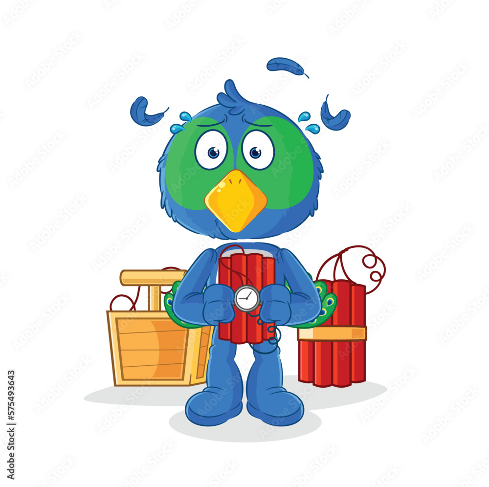 Fototapeta premium peacock holding dynamite character. cartoon mascot vector