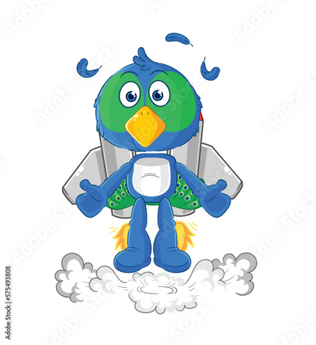 peacock with jetpack mascot. cartoon vector