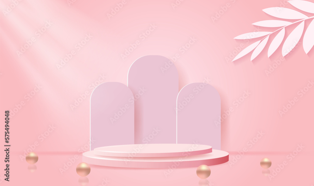 Realistic pink 3D cylindrical pedestal podium with summer pastel minimal scene for product exhibition, promotion display. Abstract studio room platform design