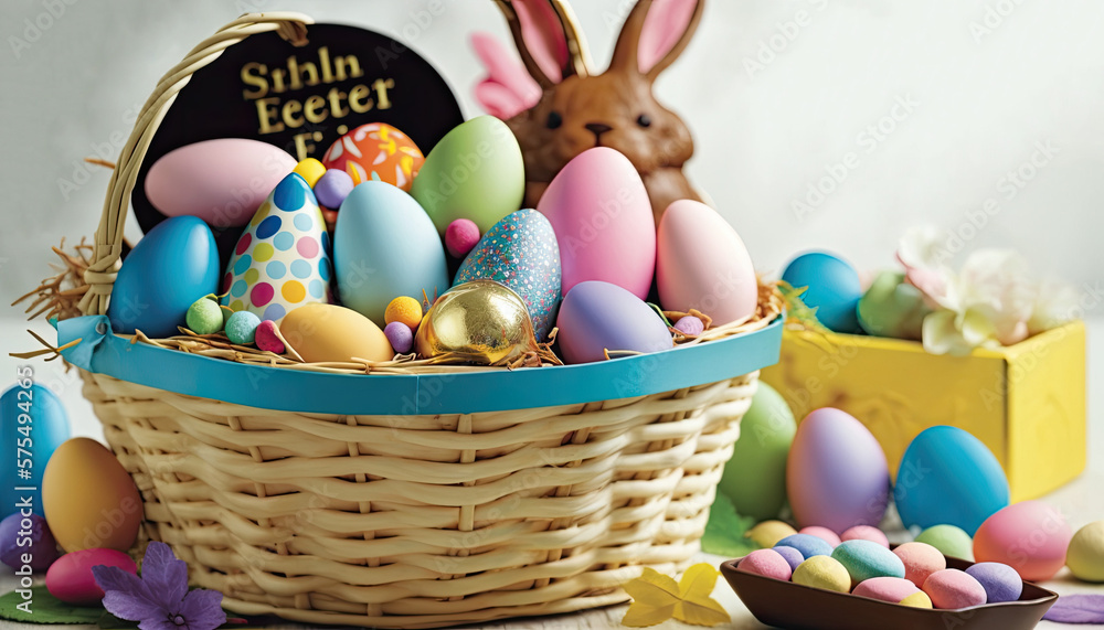 An easter hamper, easter bunny and chocolate easter eggs, Generative AI