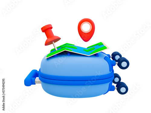 3d minimal holiday travel concept. vacation trip. Recreational time. luggage with a location icon and a map. 3d illustration.