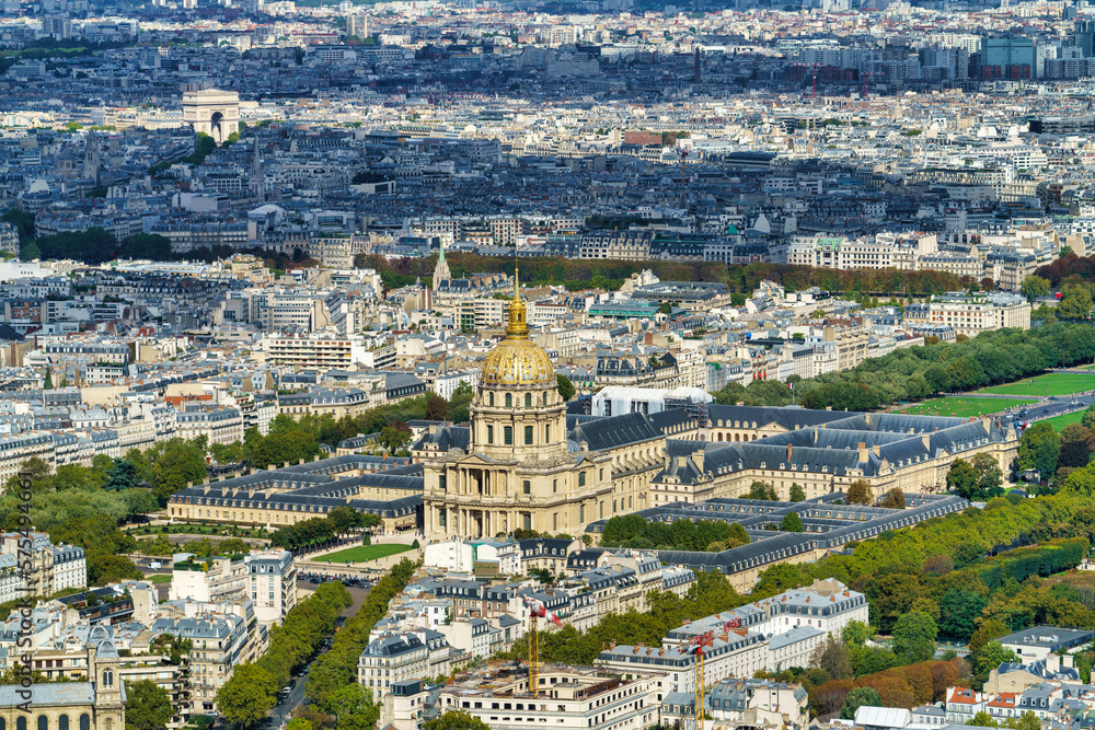 Aerial view of Les Invalides Cathedral dome in Paris. France