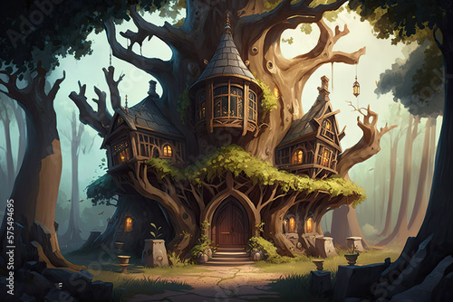 Forest Castle serves as an example. Scene, wallpaper, storyboard, and card design artwork in a realistic fantastical cartoon style. Generative AI
