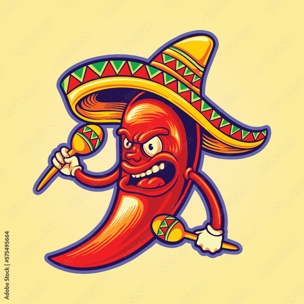 Angry mexican cinco de mayo chilli pepper play maracas logo illustrations vector for your work, merchandise t-shirt, stickers and label designs, poster, greeting cards advertising business company