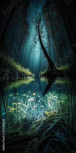 underwater shot of a mysterious swamp bioluminescent light painting Generative AI