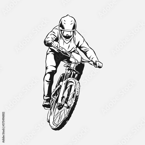 BMX bicycle rider, Downhill, cyclist. Hand drawn vector illustration, black and white, silhouette. concept of extreme sports, vehicles, activities, etc. Suitable for print, sticker, T -shirt design