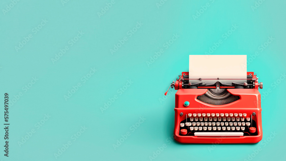 A simple and minimalist pastel background features a red typewriter with empty space for text. Generative AI - obrazy, fototapety, plakaty 