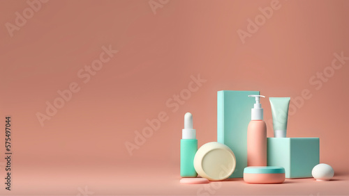 A simple and minimalist pastel background serves as the backdrop for a set of cosmetic products with copy space for text. Generative AI