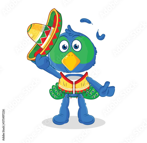 peacock Mexican culture and flag. cartoon mascot vector