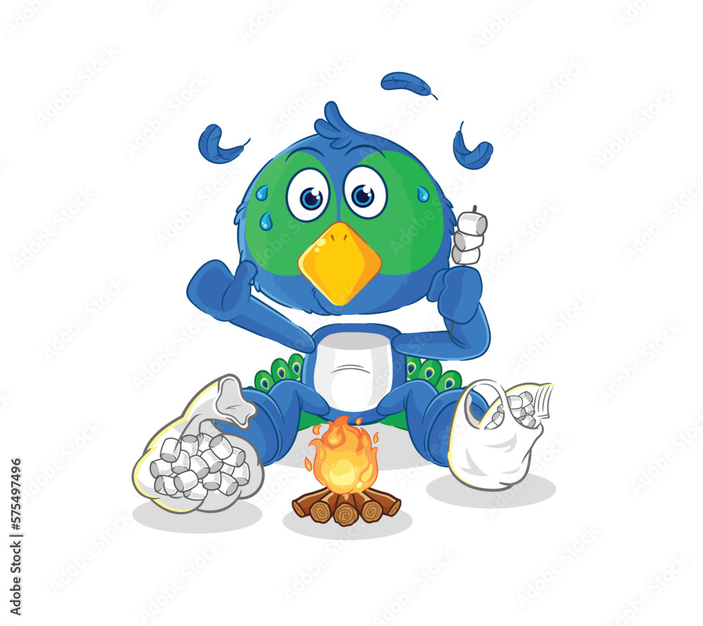 Obraz premium peacock roasting marshmallows. cartoon mascot vector