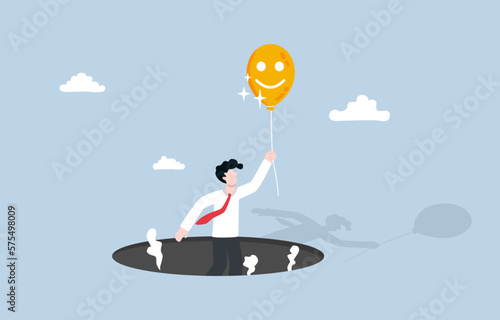 Changing mindset to be more positive for better life, reframing negative thought, optimistic concept, Businessman flying out of hole by using smiley face balloon.