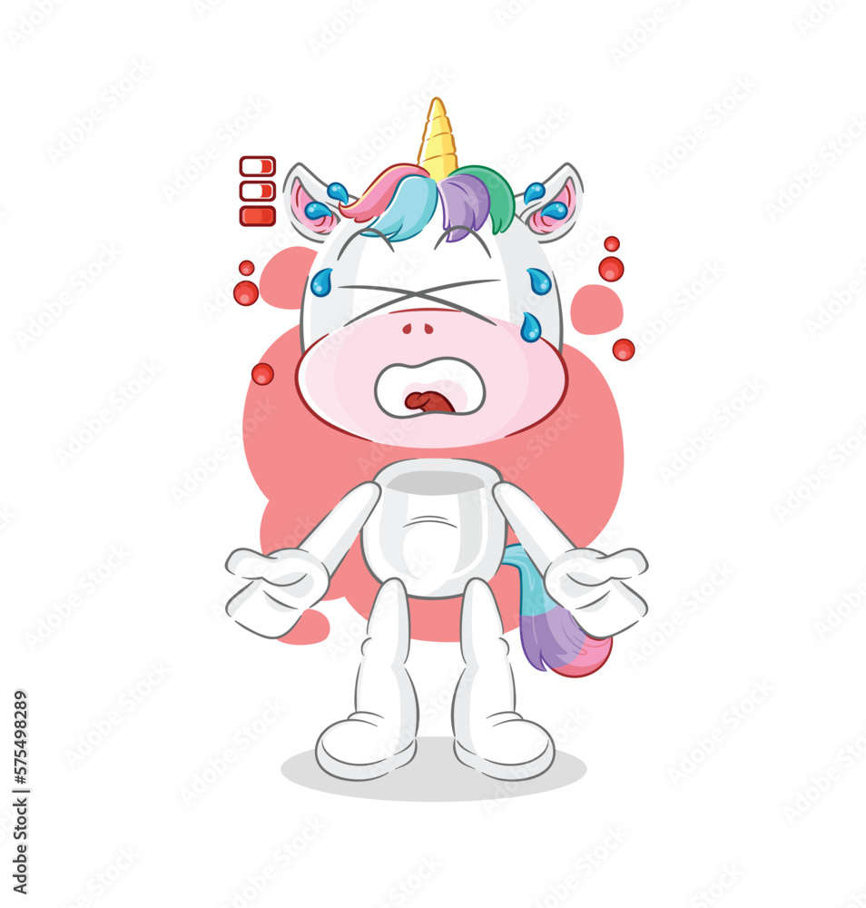 unicorn low battery mascot. cartoon vector
