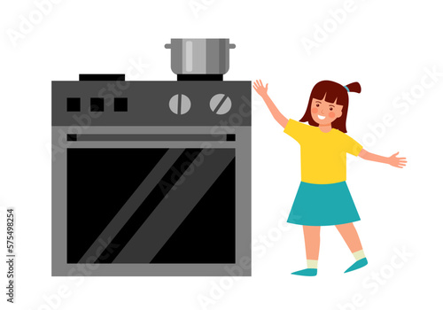 Child reach’s boiling water hot pot in flat design on white background. Kids danger in kitchen.